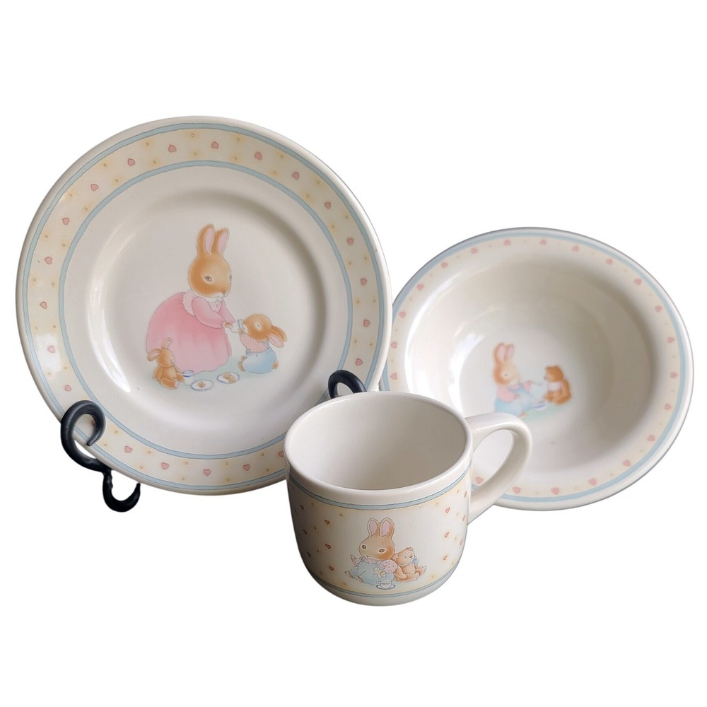 Hallmarks Beatrix Potter Childs 3 Piece Ceramic Plate Bowl Mug Set Pastel Hearts